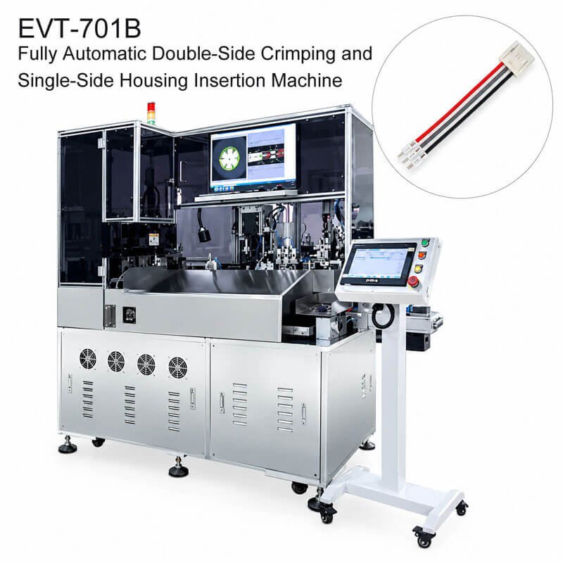 EVT-701B Fully Automatic Double-Side Crimping and Single-Side Housing Insertion Machine for wire harness production with dual-end terminal crimping and single-side connector insertion