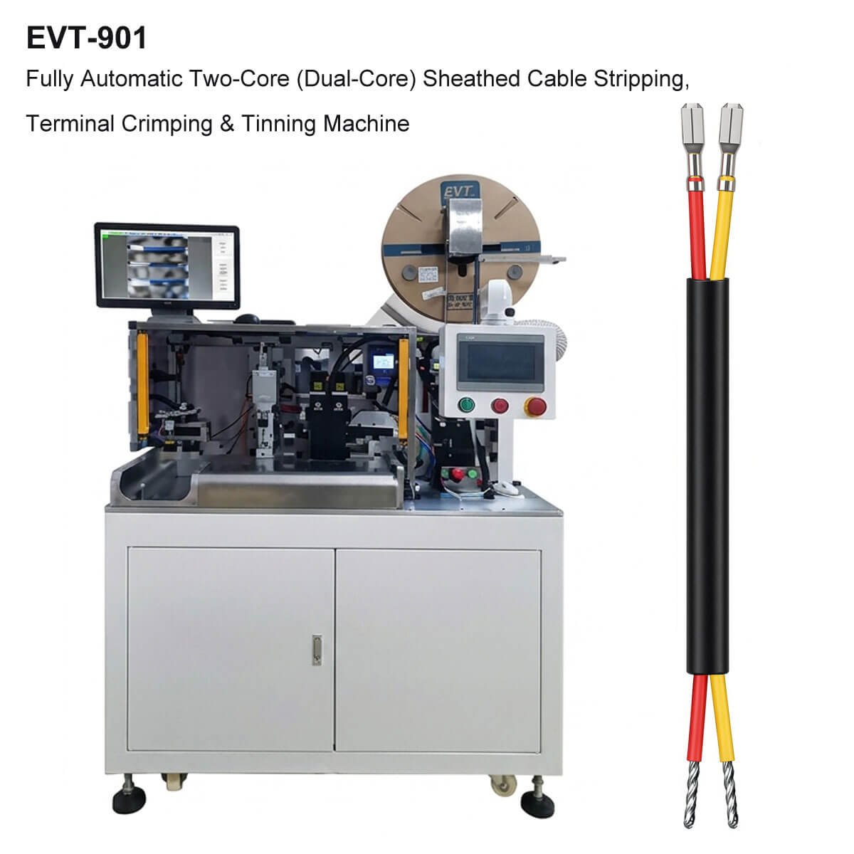 Fully Automatic Two-Core Sheathed Cable Crimping and Tinning Machine EVT-901 – dual-core wire one end terminal crimping other end twisting and tinning
